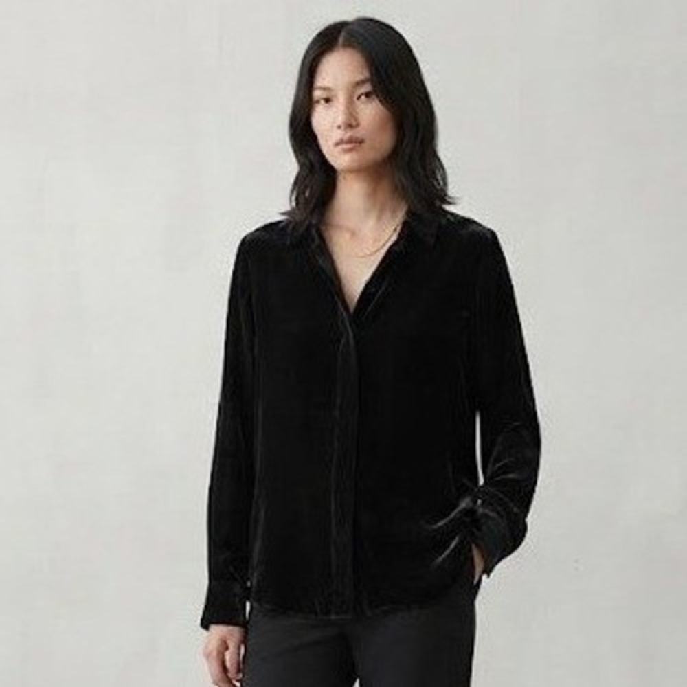 COS Velvet Button Down Shirt Womens 38/8 Black Excellent Holiday Long Sleeve Top